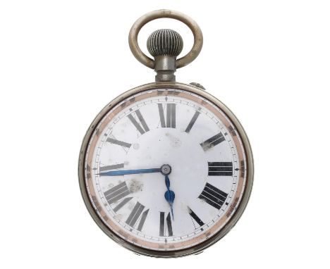 Goliath nickel cased lever pocket watch, unsigned gilt frosted movement with compensated balance and regulator, the dial with