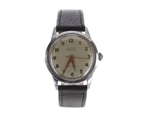Cyma automatic stainless steel gentleman's wristwatch, circa 1950s, silvered dial with gilded Arabic numerals, dauphine hands