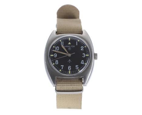 Hamilton British Military RAF pilot's stainless steel wristwatch, circa 1973, black dial with Arabic numerals, luminous dot m