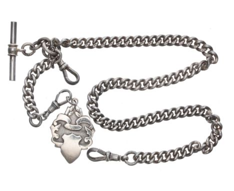 Antique silver curb watch Albert chain, with sliding chain, T-bar, clasps and medallion fob, each link stamped, 60.9gm, 16" l