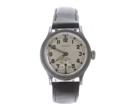 Timor WWII Military ATP issue stainless steel gentleman's wristwatch, silvered dial with Arabic numerals, luminous markings a