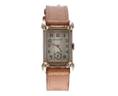 Bulova 10k gold filled rectangular gentleman's wristwatch, rectangular silvered dial with gilt Arabic numerals, minute track 