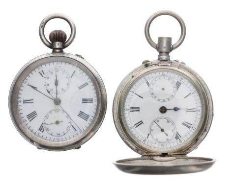 Silver (0.800) chronograph lever hunter engine turned pocket watch for repair, 51mm; together with a silver chronograph lever