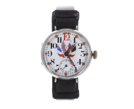 Interesting silver WWI period wire-lug trench watch, import hallmarks Glasgow 1915, the white enamel dial with the flags of t