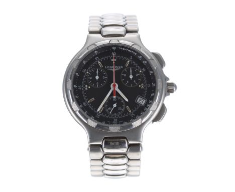 Longines Conquest chronograph stainless steel gentleman's wristwatch, ref. L1.616.4, black dial, quartz, 41mm (requires repai