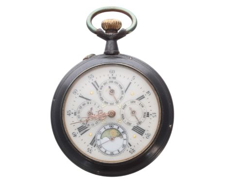 Swiss gunmetal calendar lever pocket watch, frosted bar movement with compensated balance and regulator, no. 7826, the decora