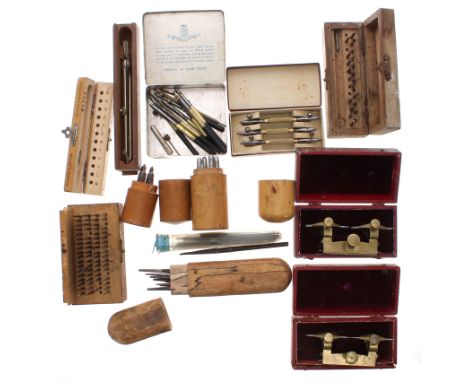 Two watchmakers brass depthing tools, cased; together a selection of watchmakers tools to include punches, broaching tools, j