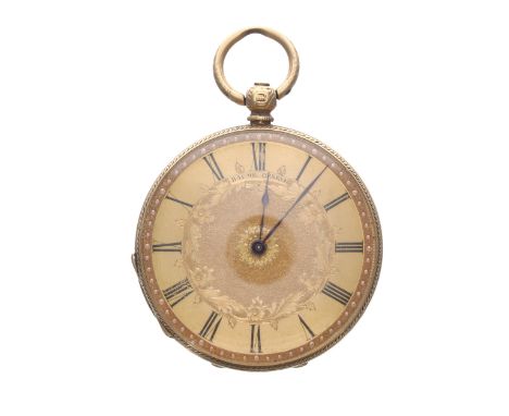 Baume, Genéve 18k cylinder pocket watch, signed engraved gilded dial with Roman numeral, signed bar movement, no. 17613, with
