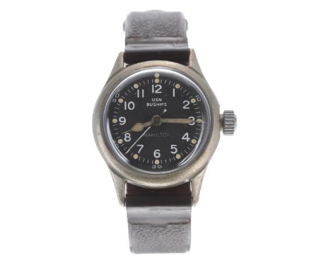 Rare Hamilton US Military Buships nickel and stainless steel wristwatch, the signed dial with Arabic numerals, luminous dot m
