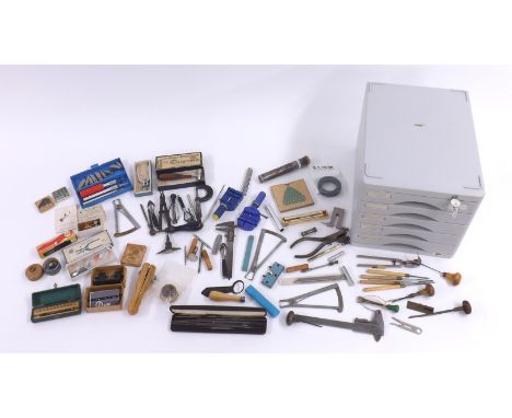 Selection of tools from a watchmakers workshop to include two MKS calipers, Arrow cannon pinion remover, mainspring winder fo