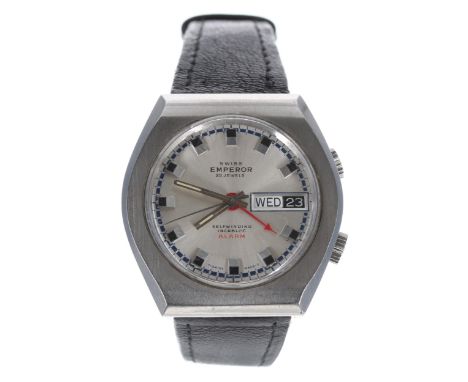Swiss Emperor Alarm stainless steel gentleman's wristwatch, circa 1970s, silvered dial with day/date apertures, red alarm ind