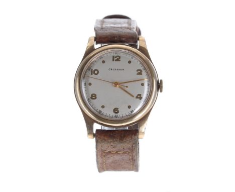 Crusader 9ct mid-size wristwatch, Birmingham 1947, silvered dial with Arabic numerals, dot markers and centre seconds, , 1608