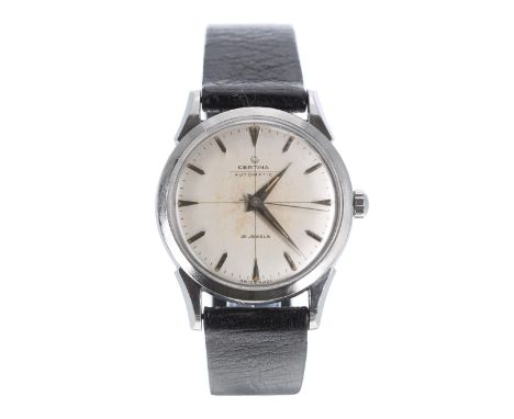 Certina automatic stainless steel gentleman's wristwatch, ref. 28001-1, circular silvered dial with applied hour markers, min