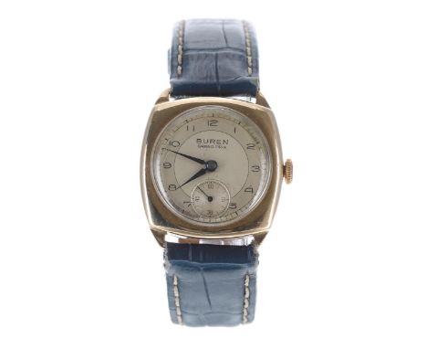 Buren Grand Prix 9ct cushion cased gentleman's wristwatch, Birmingham 1949, silvered dial with Arabic numerals and subsidiary