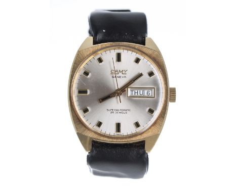 Camy Geneva Superautomatic gold plated and stainless steel gentleman's wristwatch, ref. 7740, circular silvered dial with bat