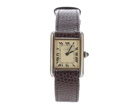 Must de Cartier Tank silver-gilt lady's wristwatch, ref. 3 081119, cabouchon sapphire crown, mechanical movement, brown leath