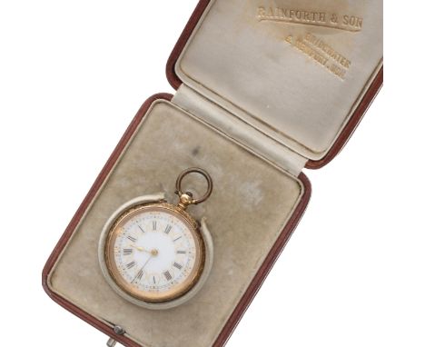 Attractive 18k cylinder fob watch, gilt frosted bar movement, hinged 18k cuvette, the dial with Roman numerals and minute tra