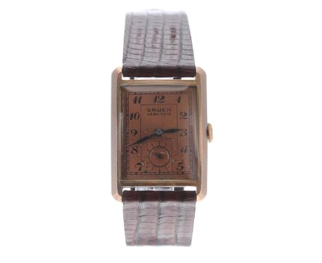 Gruen Veri-Thin Precision 10k gold filled rectangular curved wristwatch, the bronzed dial with Arabic numerals and subsidiary