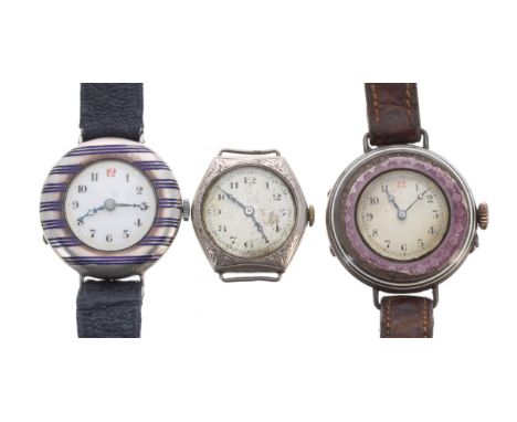 Silver and purple enamel wire-lug lady's wristwatch for repair, 29mm; together with a silver and blue stripe enamel wire-lug 