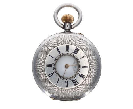 Swiss silver (.935) engine turned half hunter pocket watch, unsigned gilt frosted lever bar movement, Roman numeral dial with