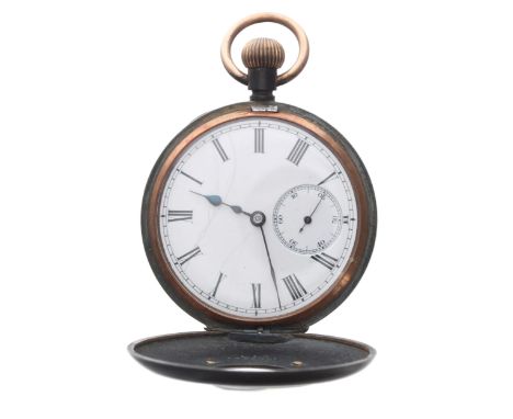 Omega small gunmetal half hunter lever pocket watch, unsigned gilt frosted movement with compensated balance and regulator, t