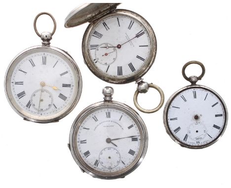 White metal cylinder hunter pocket watch for repair; together with two silver cylinder engine turned pocket watches for repai