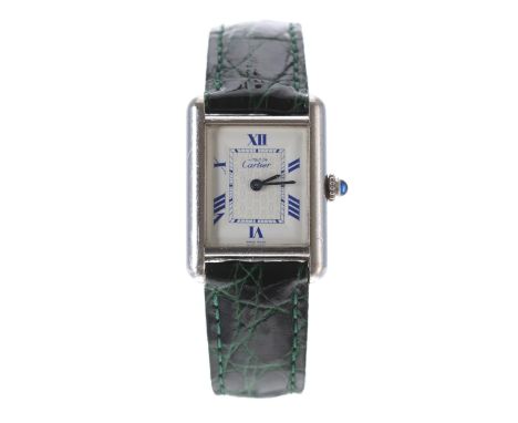 Must de Cartier Tank silver wristwatch, ref. 2416, serial no. 6706xxxx, the dial with blue Roman numerals, cabouchon sapphire