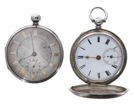 Silver fusee lever hunter engine turned pocket watch for repair, 49mm; together with a silver fusee lever engine turned pocke