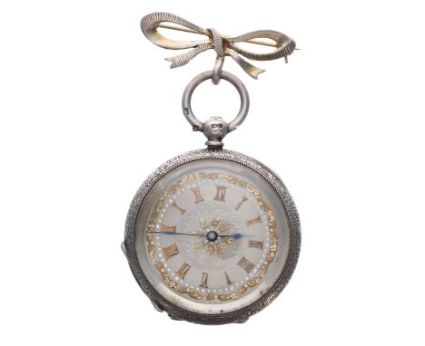 Attractive late Victorian silver cylinder engraved fob watch, Birmingham 1885, gilt frosted movement with gilt three arm bala