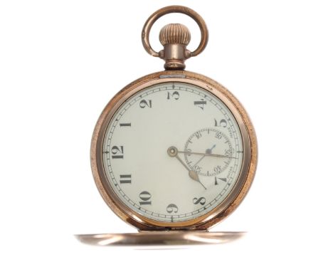Minerva gold plated half hunter lever pocket watch, signed 15 jewel 4 adjustment movement, the dial with Arabic numerals and 