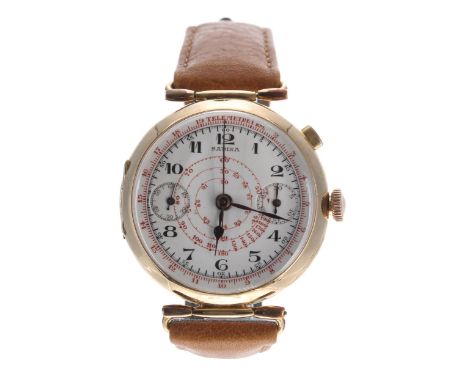 Sabina 18k single push button chronograph wristwatch, white enamel dial with Arabic numerals, minute track with five minute d