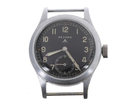 Record WWII Military issue gentleman's wristwatch, circa 1940s, signed black dial with broad arrow, white Arabic numerals, lu