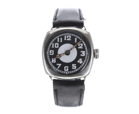 Silver cushion cased wire-lug wristwatch, import hallmarks London 1925, circular black dial with white centre, with white Ara