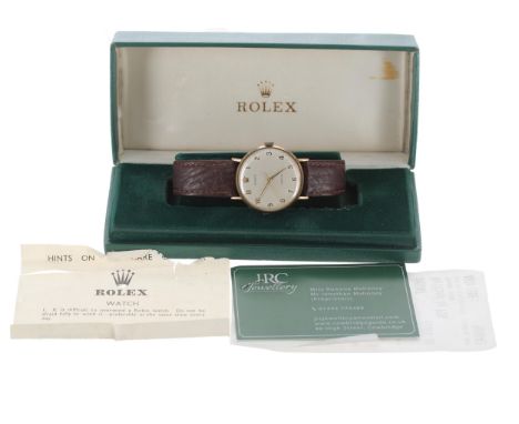 Rolex Precision 9ct gentleman's wristwatch, circular silvered dial with Arabic numerals and centre seconds, the case back wit