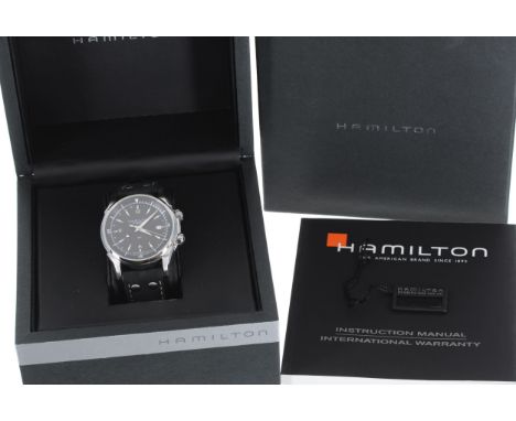 Hamilton Jazzmaster Traveler II GMT automatic stainless steel gentleman's wristwatch, ref. H326150, black dial with exhibitio