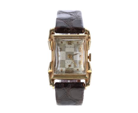 Bulova 9ct rectangular gentleman's wristwatch, rectangular silvered chequered dial with gilt applied Arabic numerals, hour ma