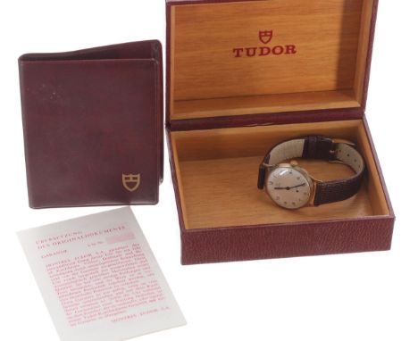 Tudor 9ct gentleman's wristwatch, circa 1950s, signed silvered dial with Arabic numerals and subsidiary seconds, the case bac