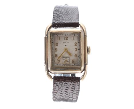 Elgin 10k gold filled gentleman's wristwatch, rectangular signed silvered dial with Arabic numerals and subsidiary seconds di