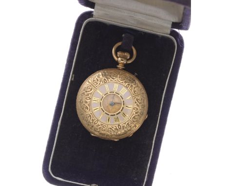 Attractive 18k and pink enamel cylinder half hunter pocket watch, gilt frosted bar movement with gilt three arm balance and r