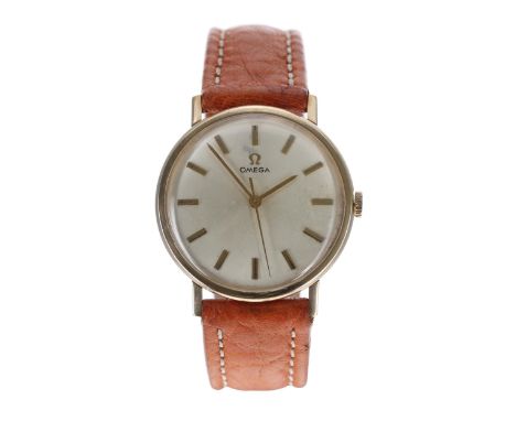 Omega 9ct gentleman's wristwatch, signed circular dial with baton markers and centre seconds, tan leather strap, 34mm-Movemen
