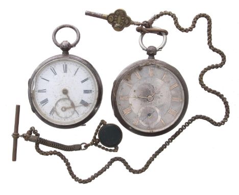 Silver fusee lever engine turned pocket watch for repair, unsigned movement, silvered dial, 52mm, with chain fob and key; tog