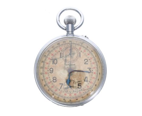Lemania Military issue chrome plated nickel chronograph pocket watch, the signed paper dial with chronograph centre seconds, 