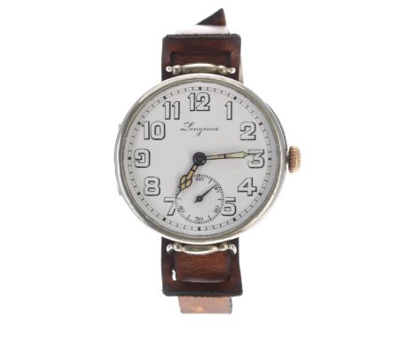 Longines oversized officer's swing wire-lug trench watch, serial no. 3205xxx, circa 1914, the signed white enamel dial with A