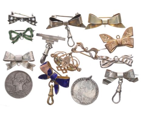 Collection of silver, gilded and metal bow design brooches for fob watches; George III 1787 shilling coin/pendant and a Victo