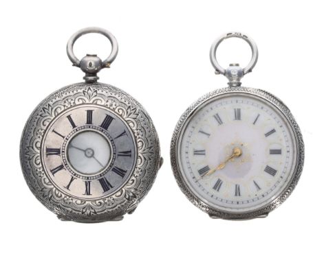 Swiss silver (.935) cylinder engraved half hunter fob watch, 37mm; with another silver (.935) cylinder open face fob watch (2