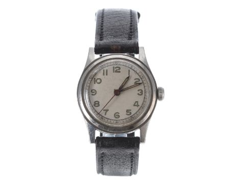 WWII mid-size stainless steel wristwatch, circular silvered dial with Arabic luminous set numerals and red centre seconds han