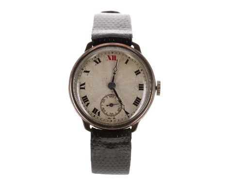 Silver wire lug mid-size wristwatch, import hallmarks Glasgow 1926, silvered dial with Roman numerals, red twelve, minute tra