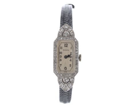 Attractive Rolex Art Deco platinum and diamond set lady's cocktail watch, case serial no. 192xxx, signed rectangular engine t