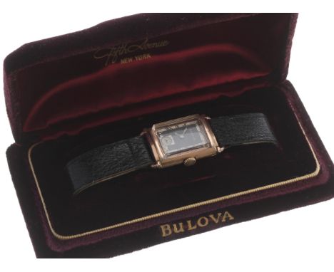 Bulova 14k gold filled rectangular wristwatch, case no. 27282xx, signed dial with Roman numerals and subsidiary seconds, 7AP 