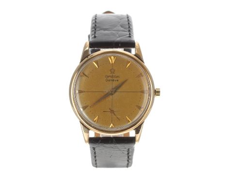 Omega Genéve 9ct gentleman's wristwatch, serial no. 16627xxx, Birmingham 1958, champagne dial with applied gilt hour markers,